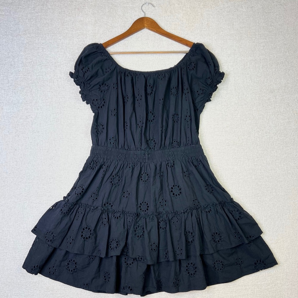 Aqua Swim 100% Cotton Cottage Black Eyelet Off Shoulder Tiered Mini Dress XL